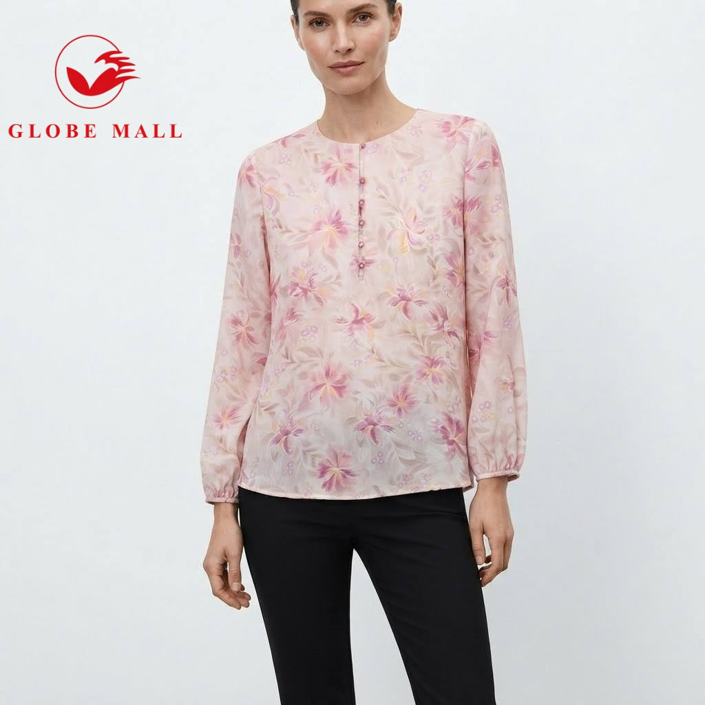 Globemall Ladies Soft Floral Button-Front Long Sleeve Muslimah Blouse