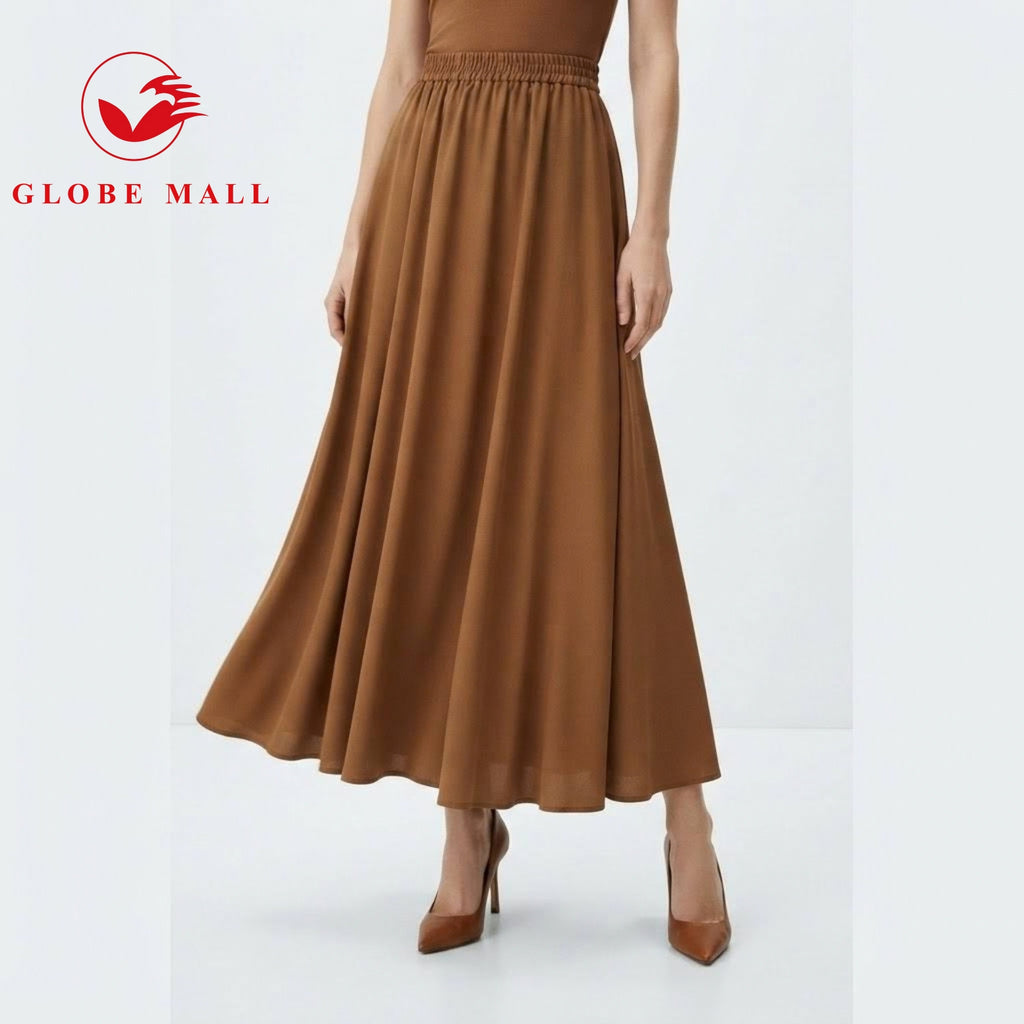 Women’s Elastic High-Waist Plain Pleated A-Line Maxi Skirt