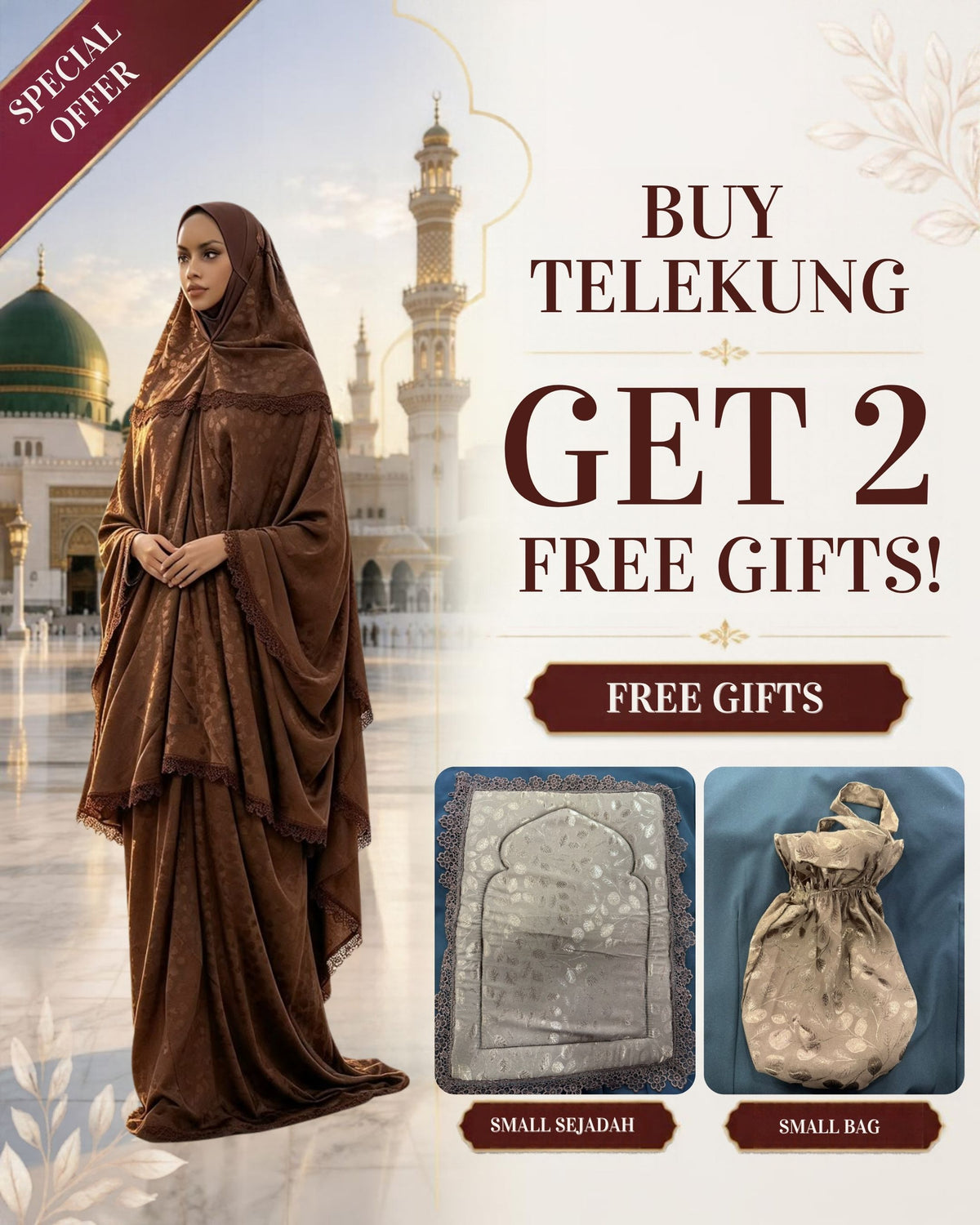Telekung Muslimah Prayer Set with 2 Free Gifts – Small Sejadah & Small Bag