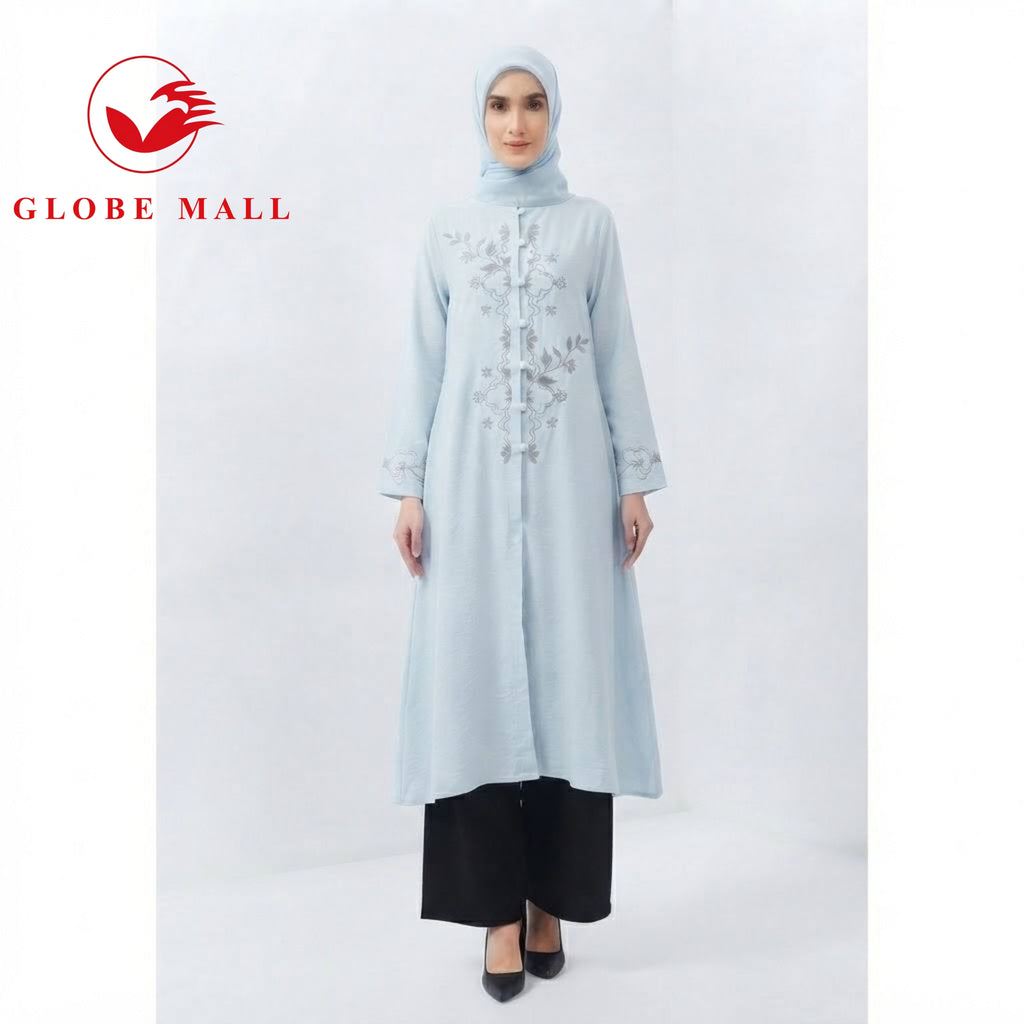 Embroidered Floral Front-Button Long Muslimah Blouse Tunic