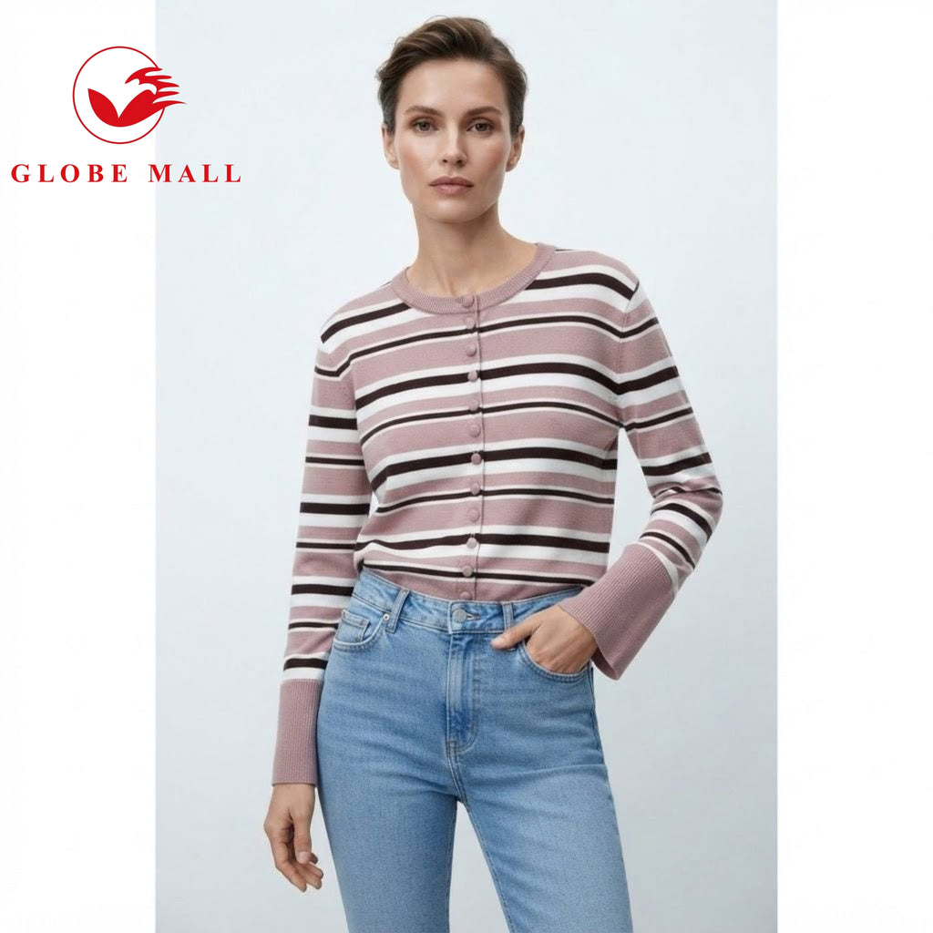 Women’s Striped Button-Front Knit Cardigan Sweater