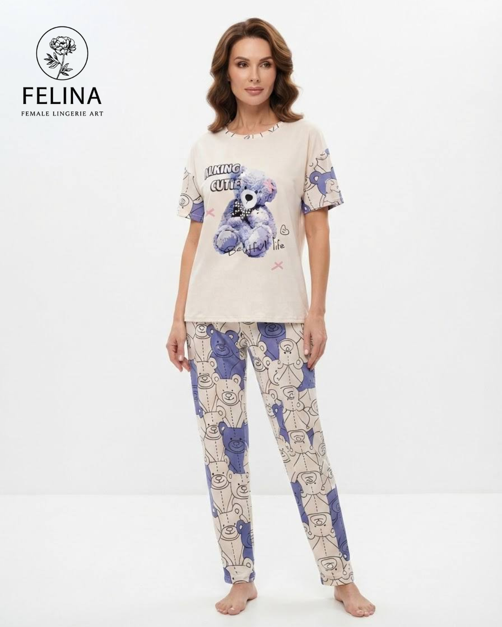 Women's Teddy Bear Print Short Sleeve Pajamas Set