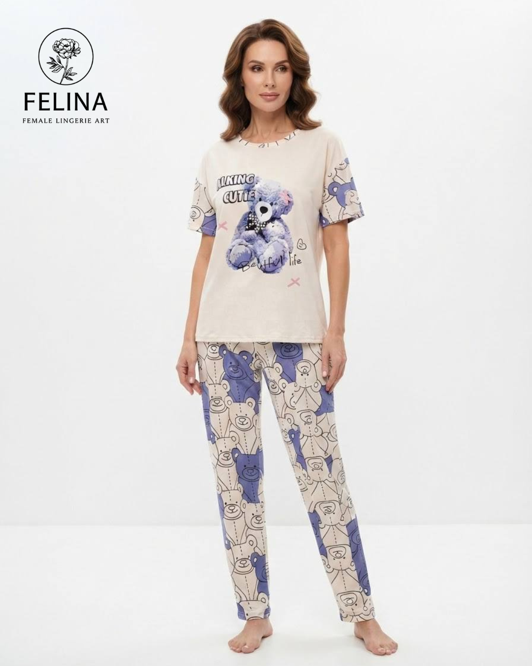 Women's Teddy Bear Print Short Sleeve Pajamas Set