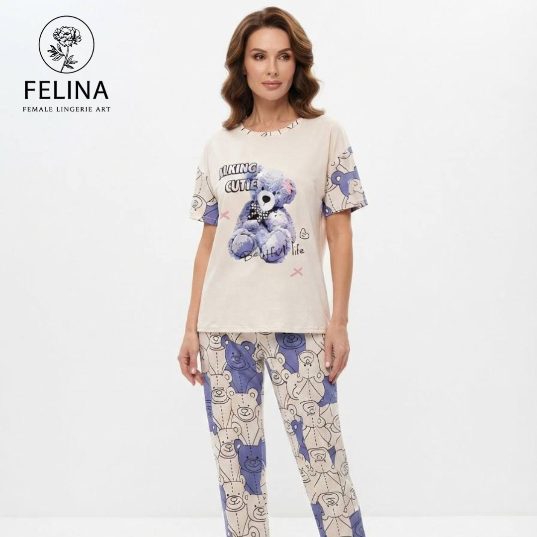 Women's Teddy Bear Print Short Sleeve Pajamas Set