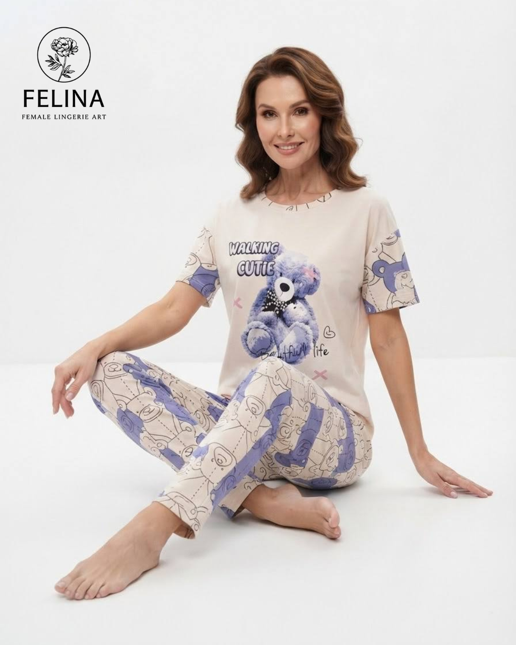 Women's Teddy Bear Print Short Sleeve Pajamas Set