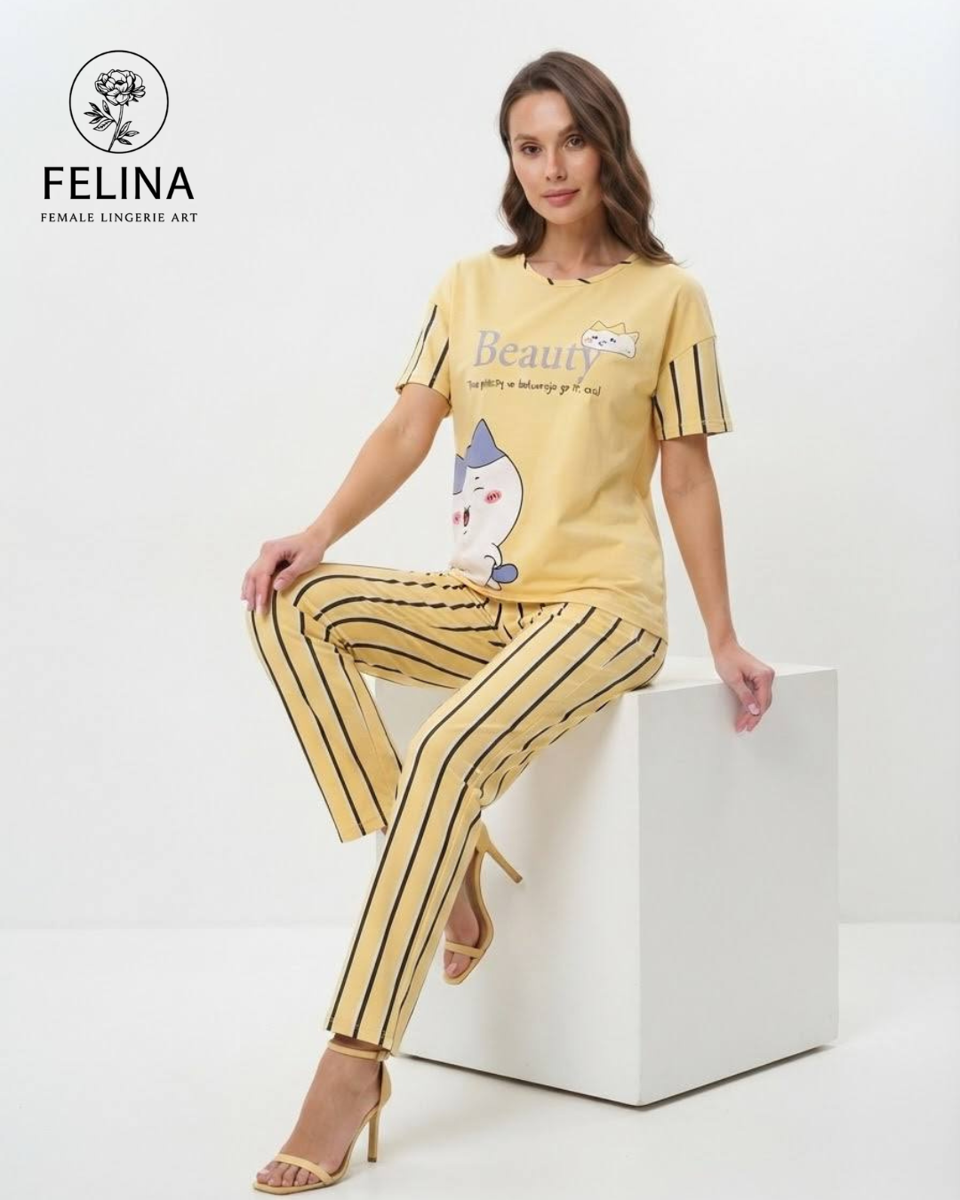 Women's Cat Graphic & Striped Short Sleeve Pajamas Set