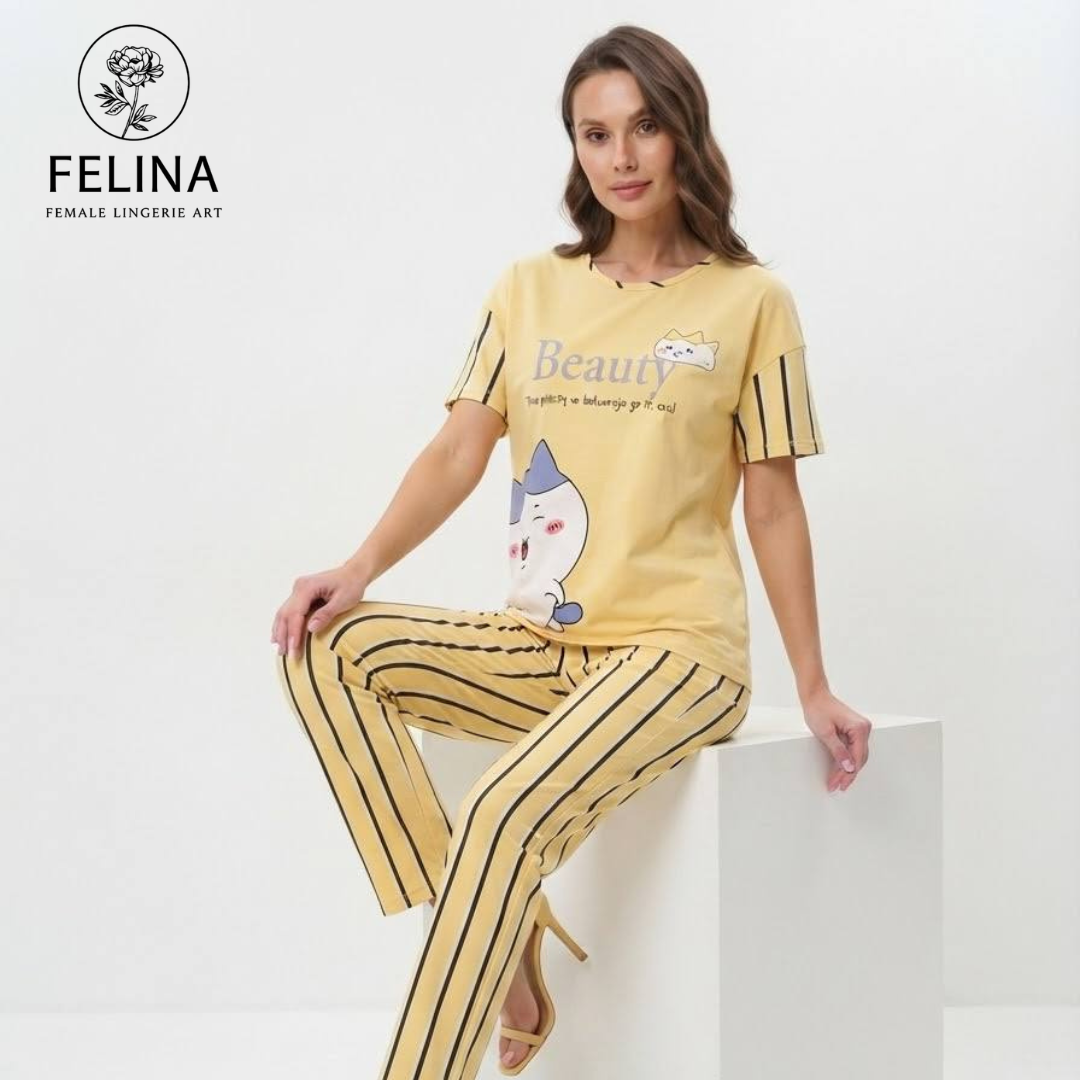 Women's Cat Graphic & Striped Short Sleeve Pajamas Set