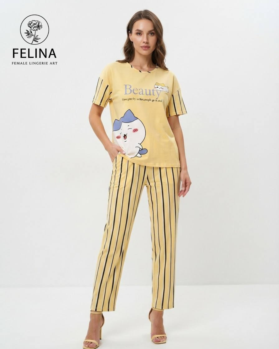 Women's Cat Graphic & Striped Short Sleeve Pajamas Set