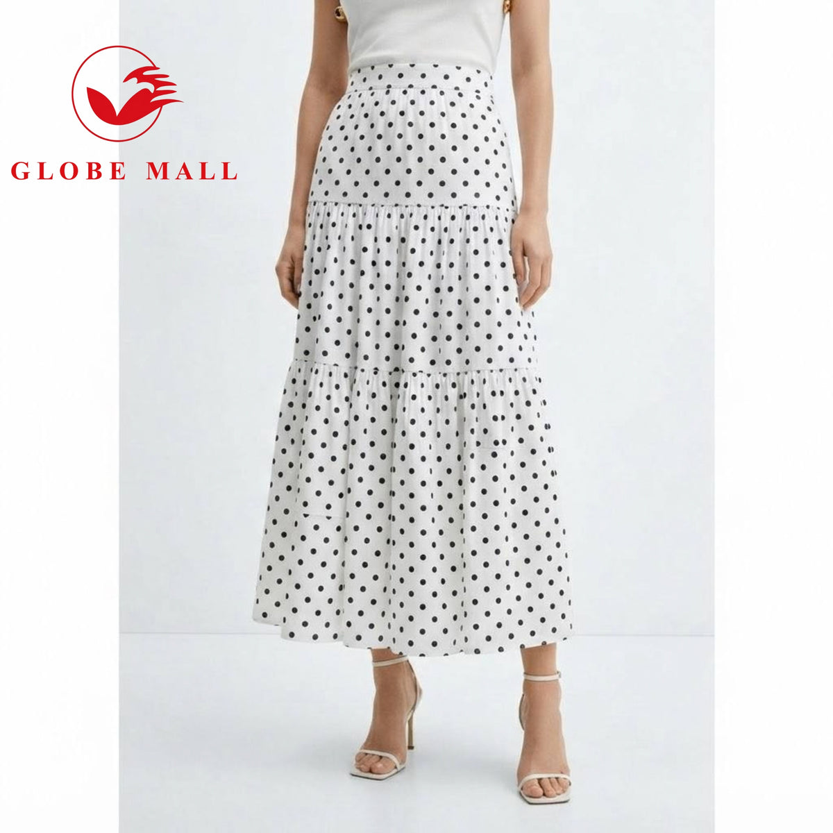 Ladies High-Waisted Tiered Polka Dot Maxi Skirt
