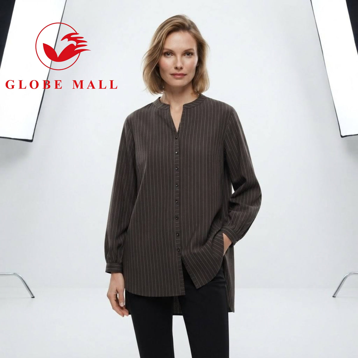 Ladies Striped V-Neck Long Sleeve Muslimah Blouse