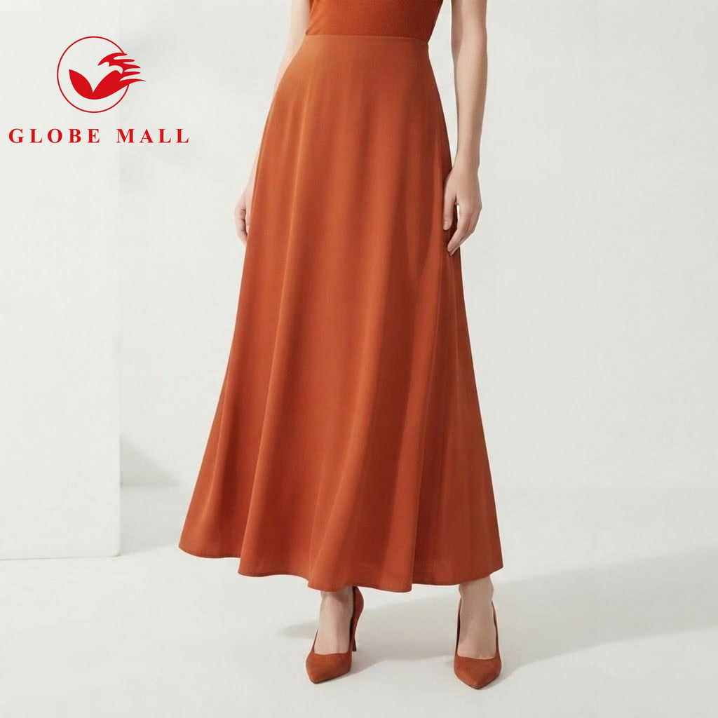 Women’s Elastic High-Waist Plain Pleated A-Line Maxi Skirt