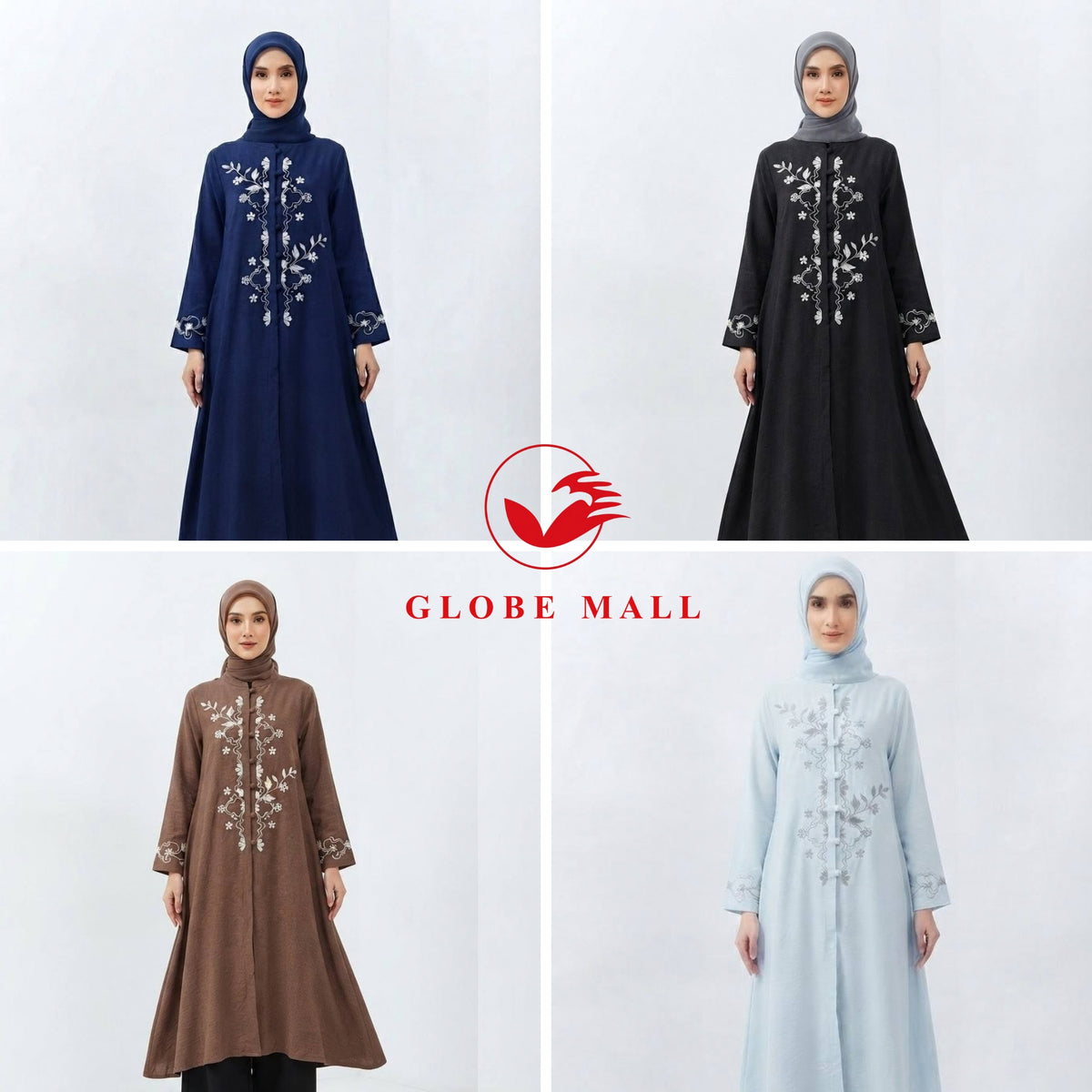 Embroidered Floral Front-Button Long Muslimah Blouse Tunic