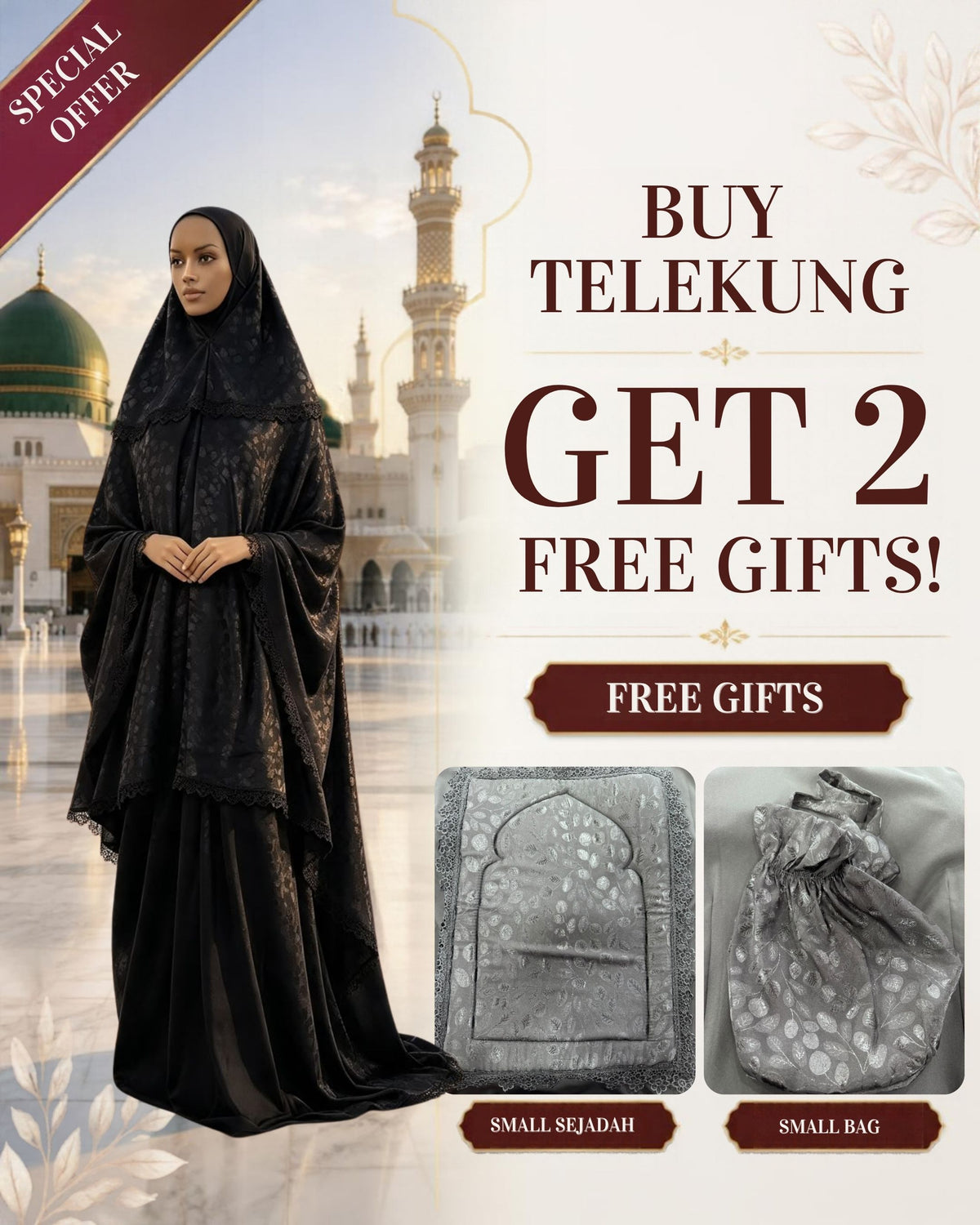 Telekung Muslimah Prayer Set with 2 Free Gifts – Small Sejadah & Small Bag