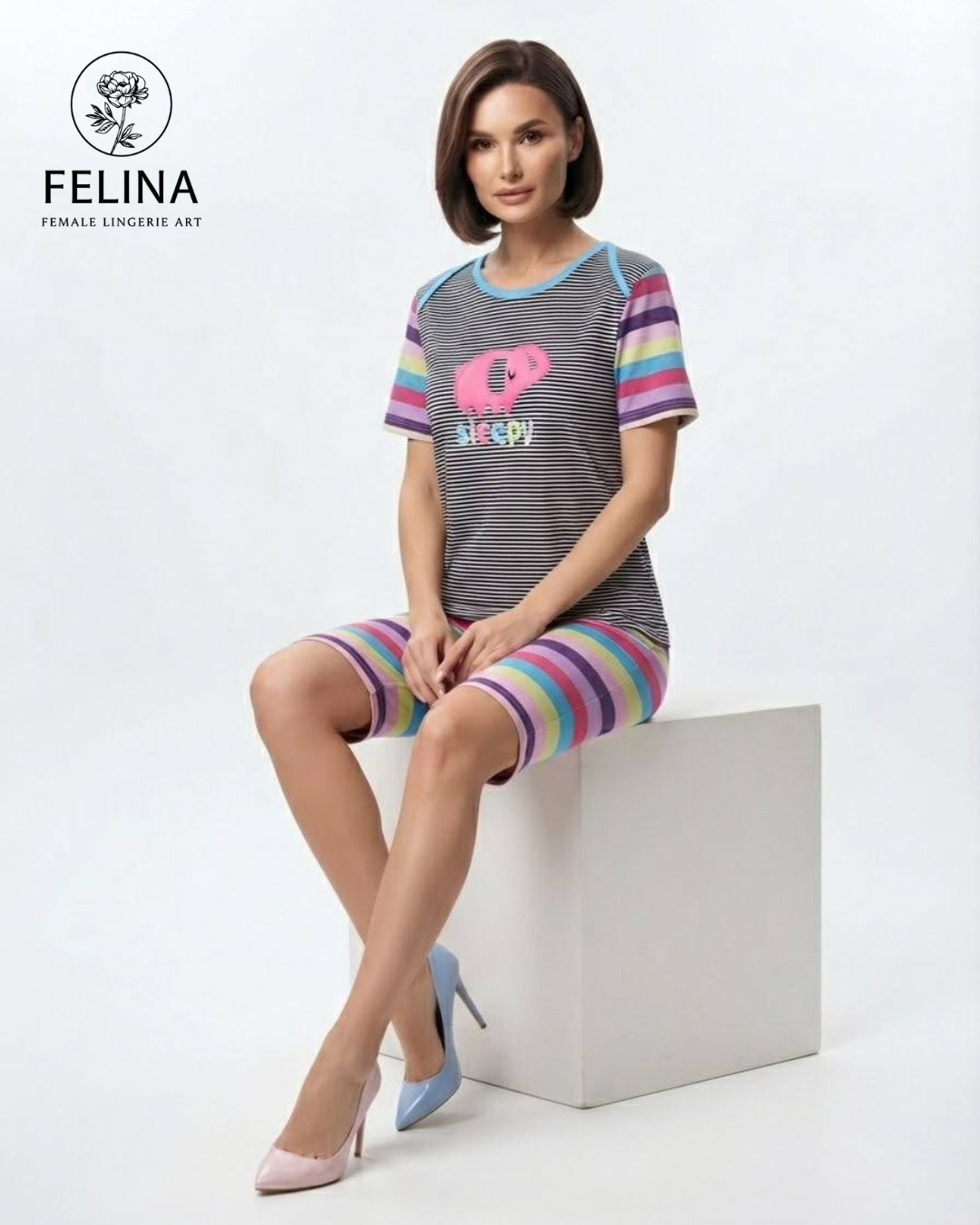 Women's Elephant Graphic & Rainbow Striped Short Sleeve Pajamas Set