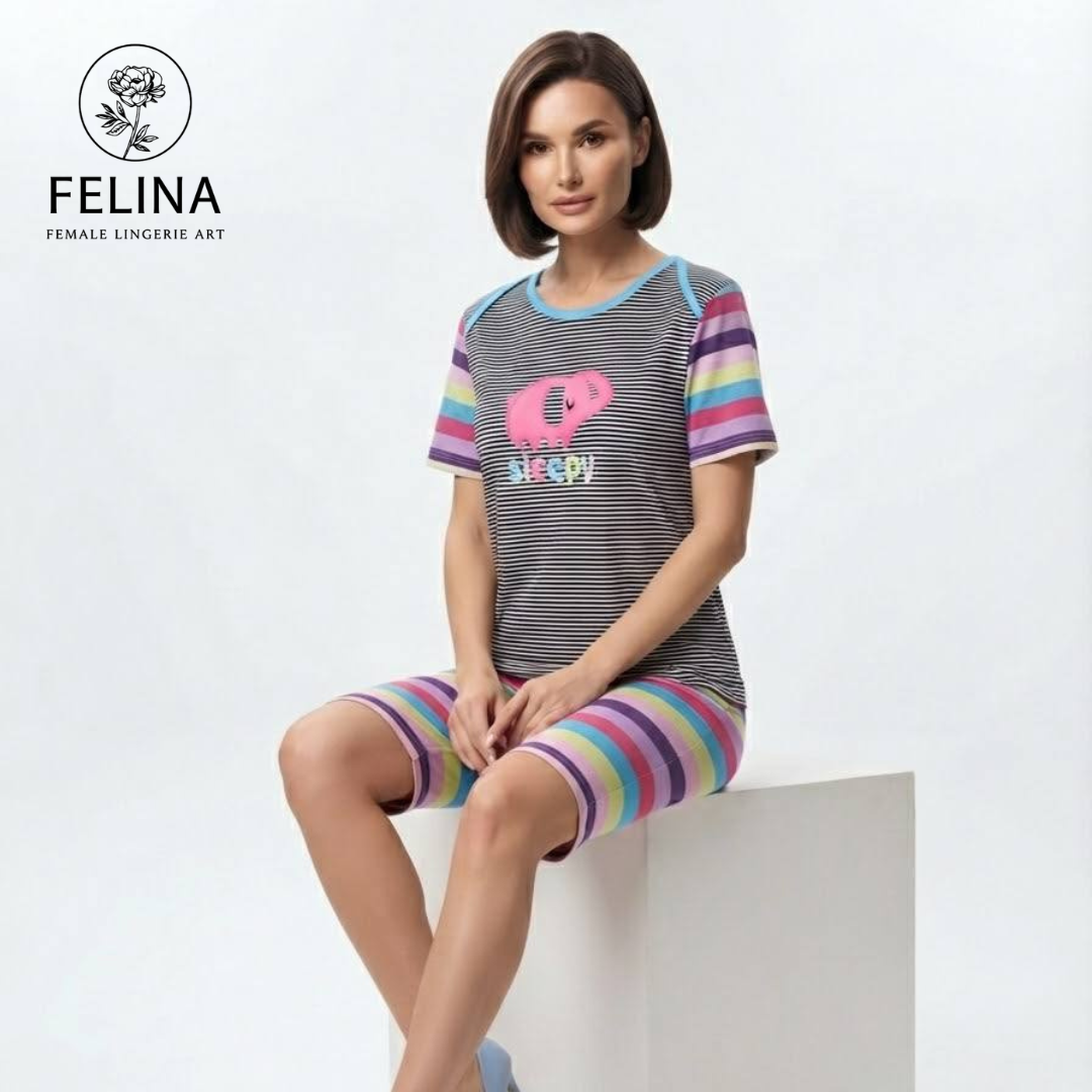 Women's Elephant Graphic & Rainbow Striped Short Sleeve Pajamas Set