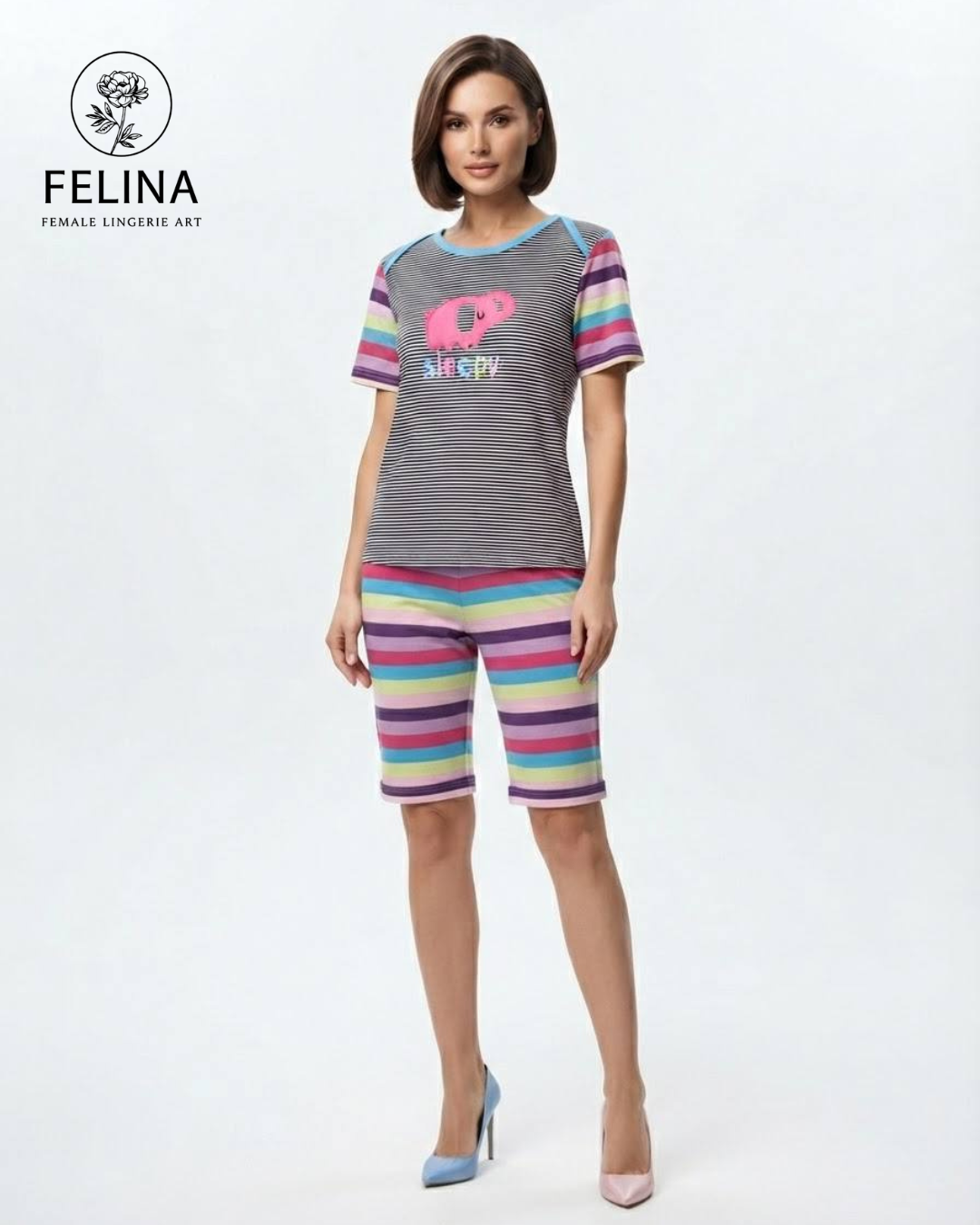 Women's Elephant Graphic & Rainbow Striped Short Sleeve Pajamas Set