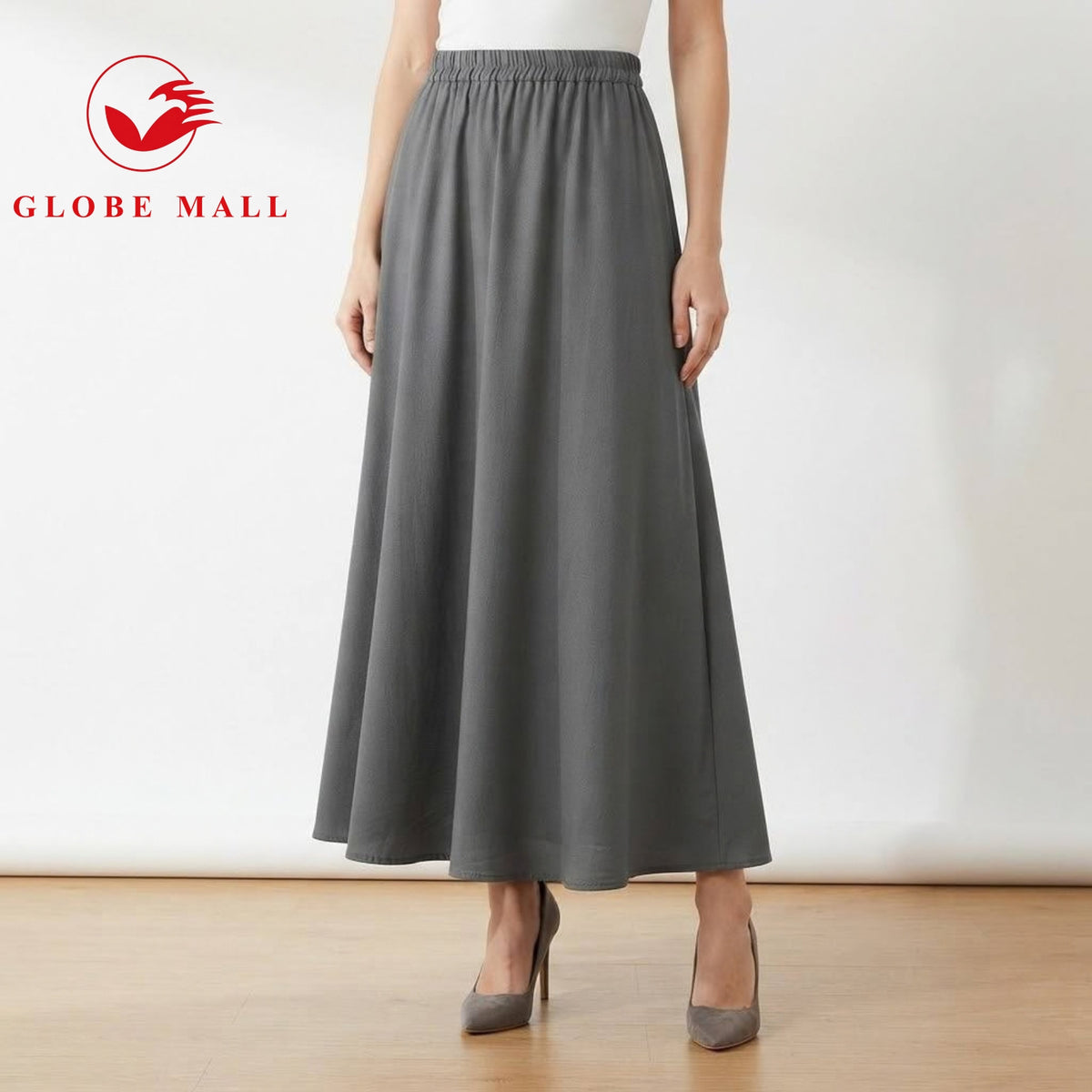 Women’s Elastic High-Waist Plain Pleated A-Line Maxi Skirt