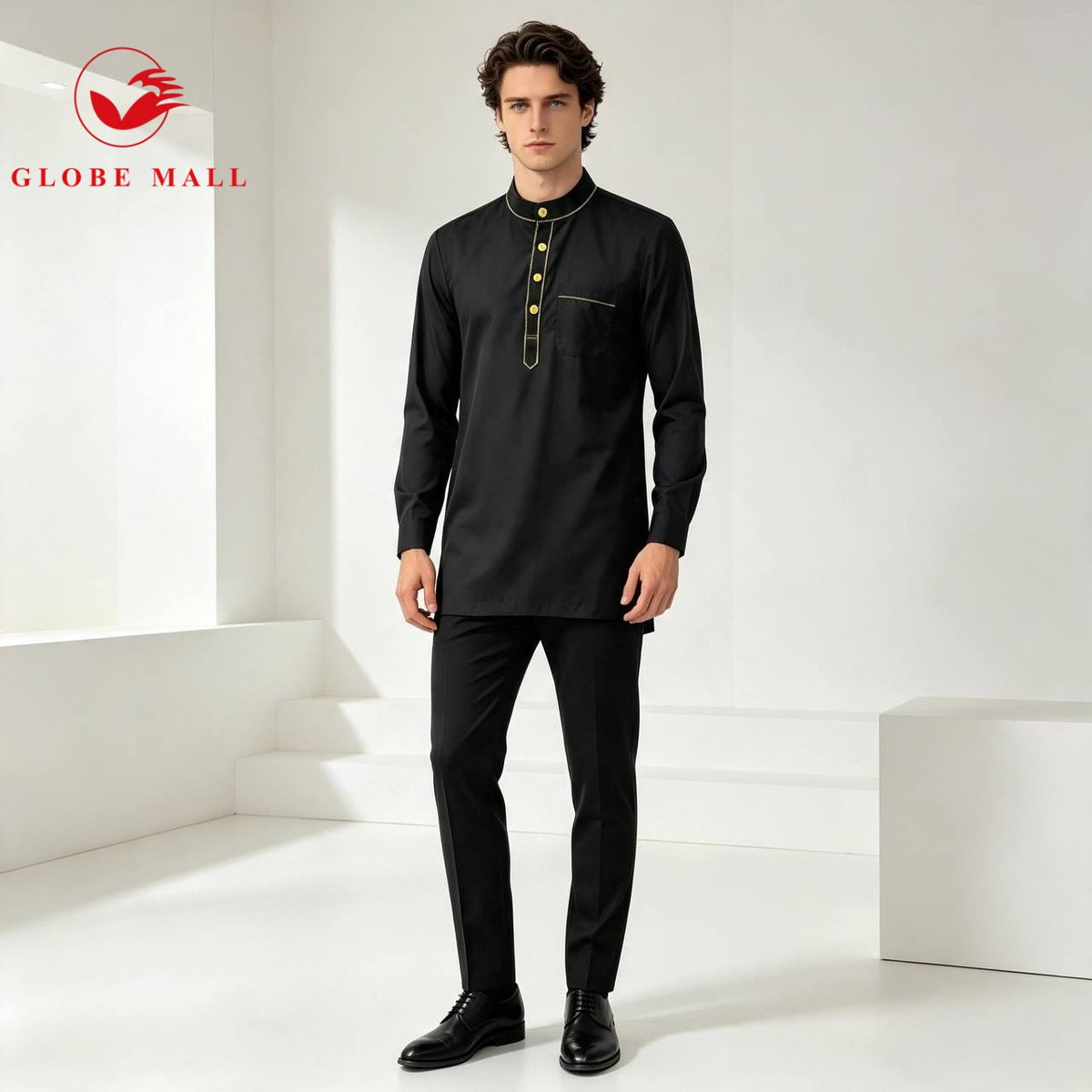 Men’s Contrast Gold-Trim Cekak Musang Kurta