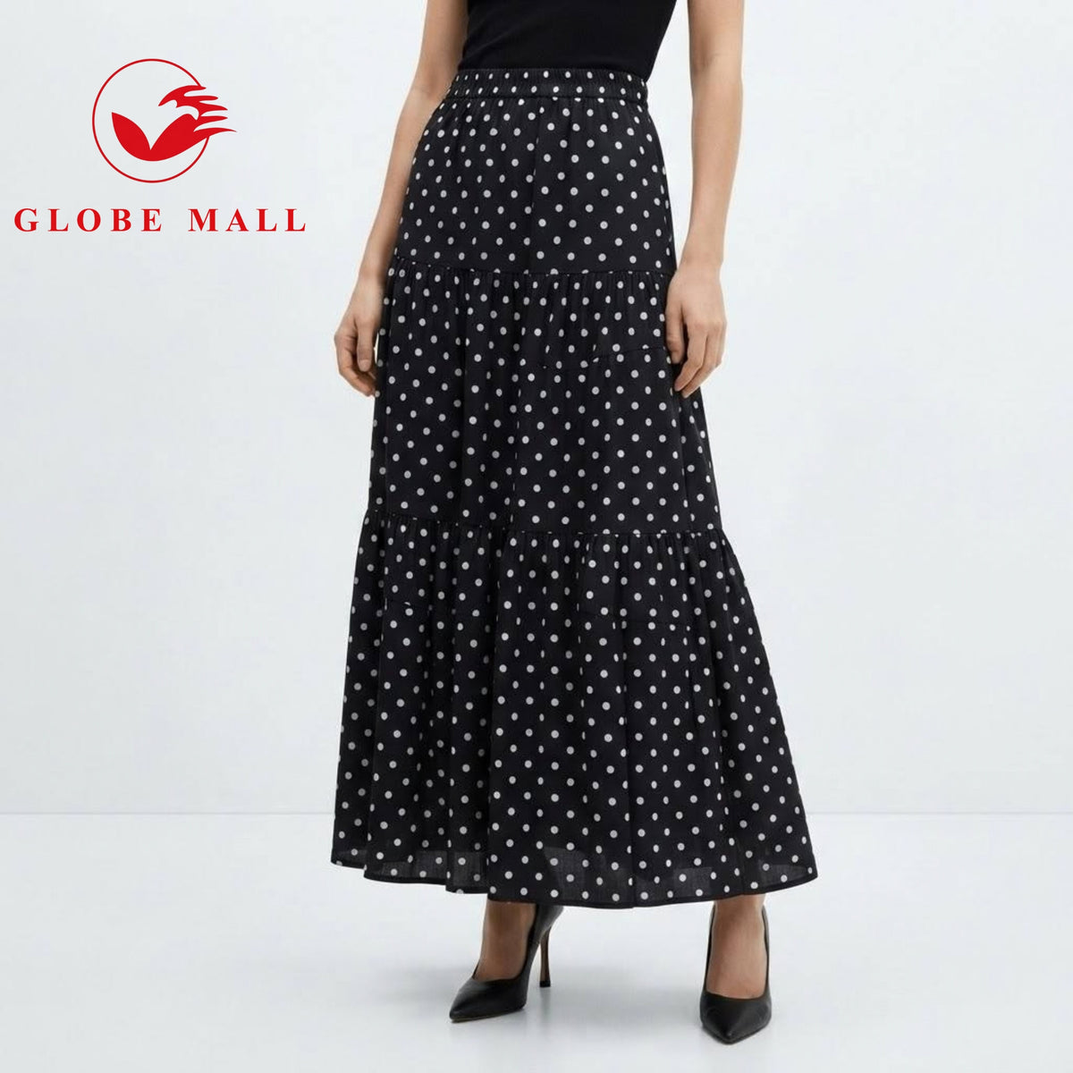 Ladies High-Waisted Tiered Polka Dot Maxi Skirt
