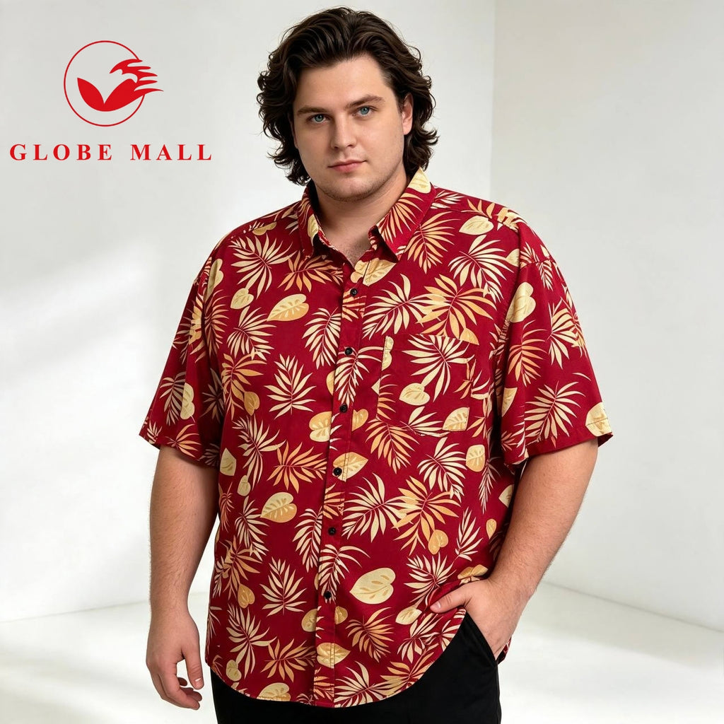 Men’s Plus Size Tropical Hawaiian Leaf Print Short Sleeve Shirt