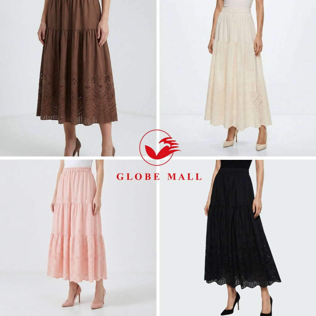 Ladies Embroidered Eyelet Tiered Maxi Skirt