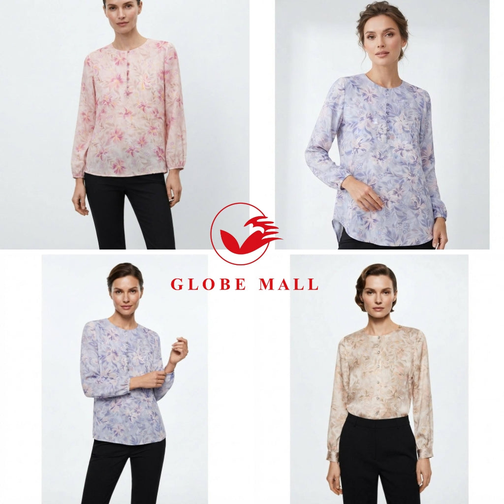 Globemall Ladies Soft Floral Button-Front Long Sleeve Muslimah Blouse