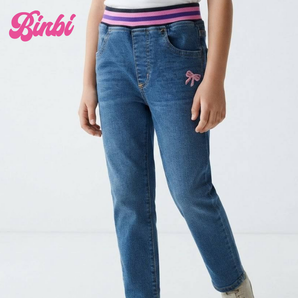 Girls' Elastic Waist Denim Long Jeans with Bow Embroidery