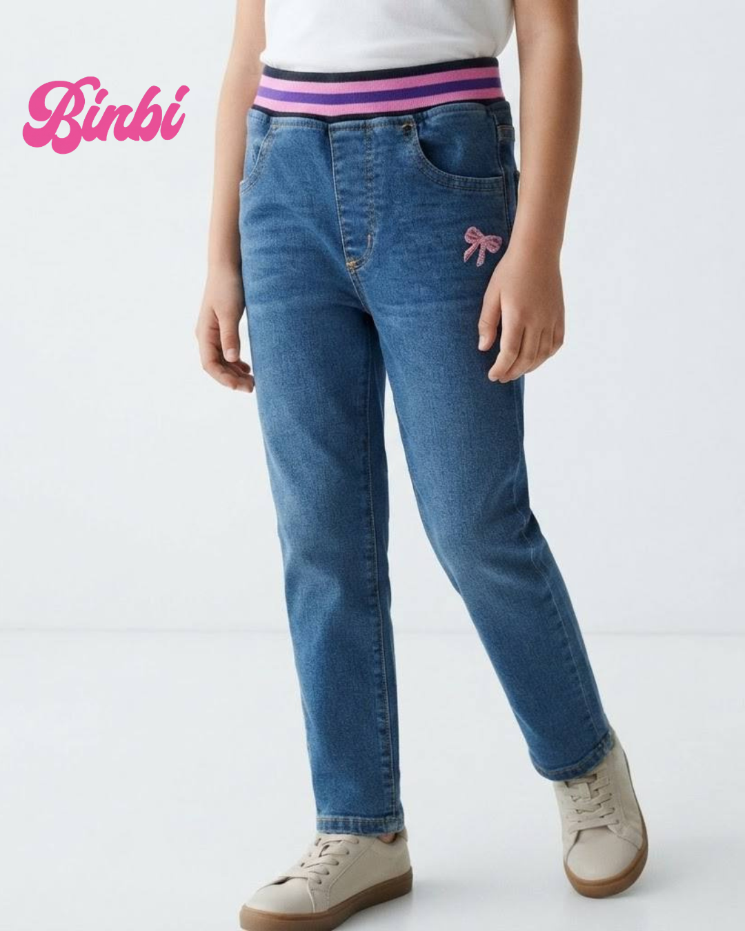 Girls' Elastic Waist Denim Long Jeans with Bow Embroidery