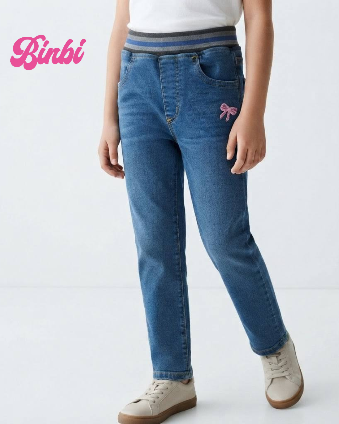 Girls' Elastic Waist Denim Long Jeans with Bow Embroidery