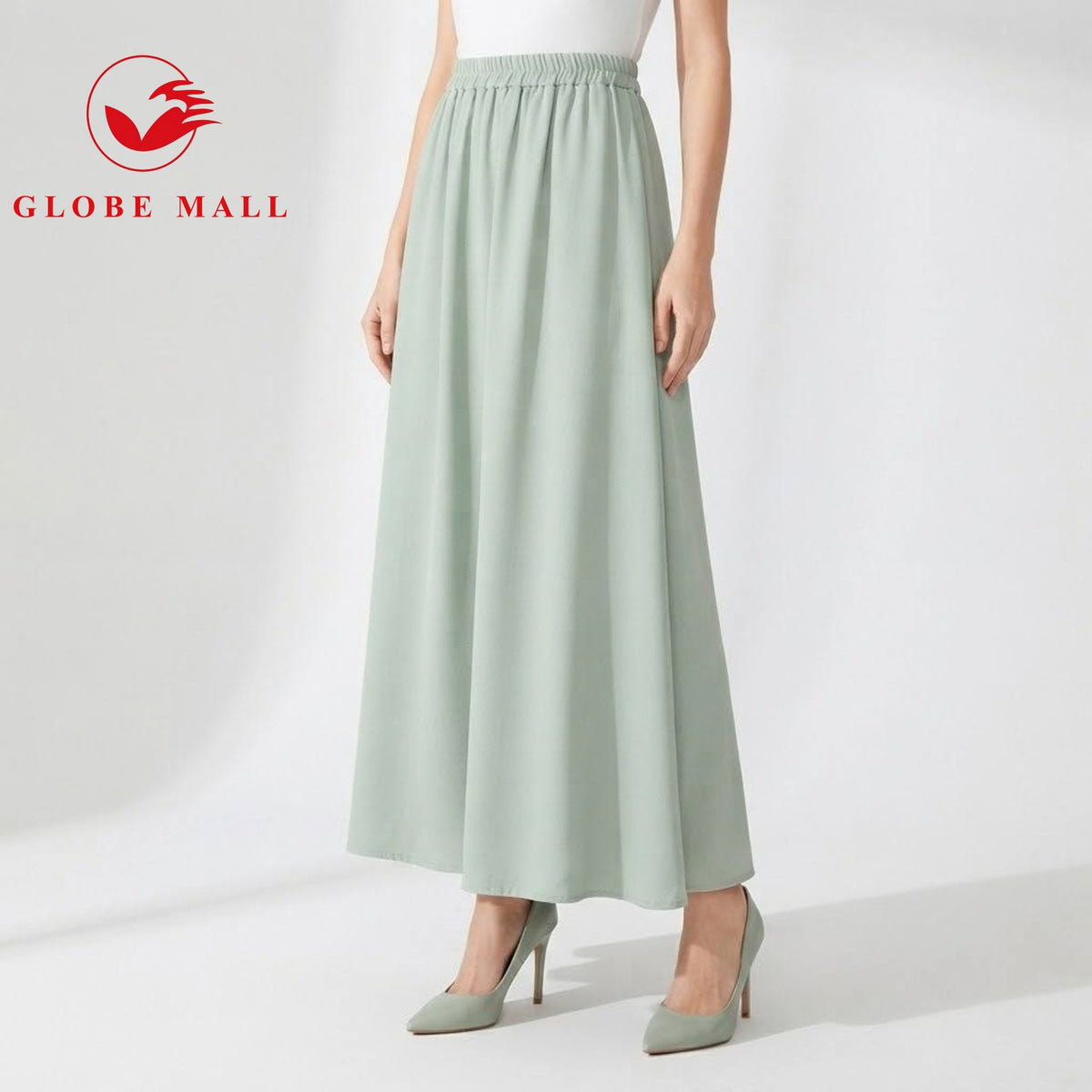 Women’s Elastic High-Waist Plain Pleated A-Line Maxi Skirt