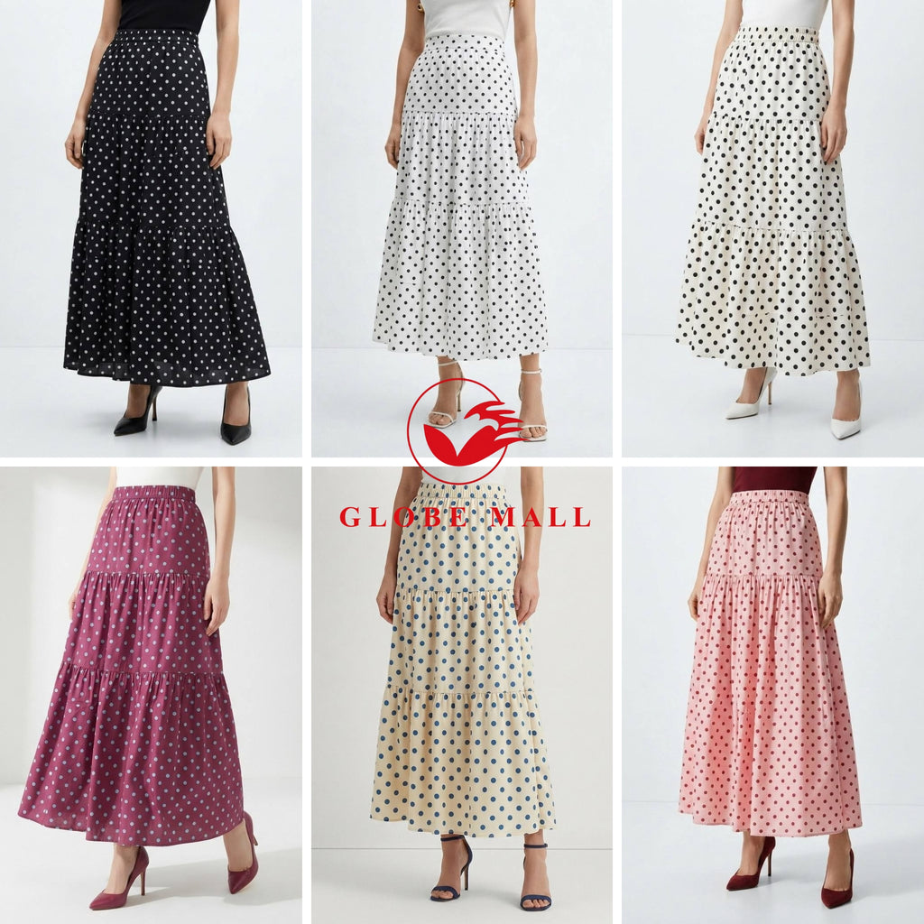 Ladies High-Waisted Tiered Polka Dot Maxi Skirt