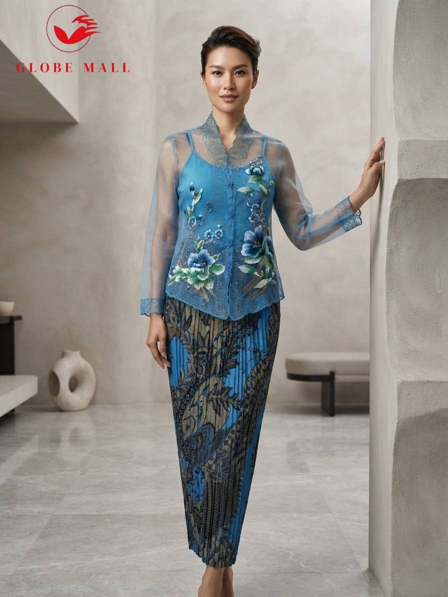 Embroidered Lace Kebaya Set with Batik Skirt