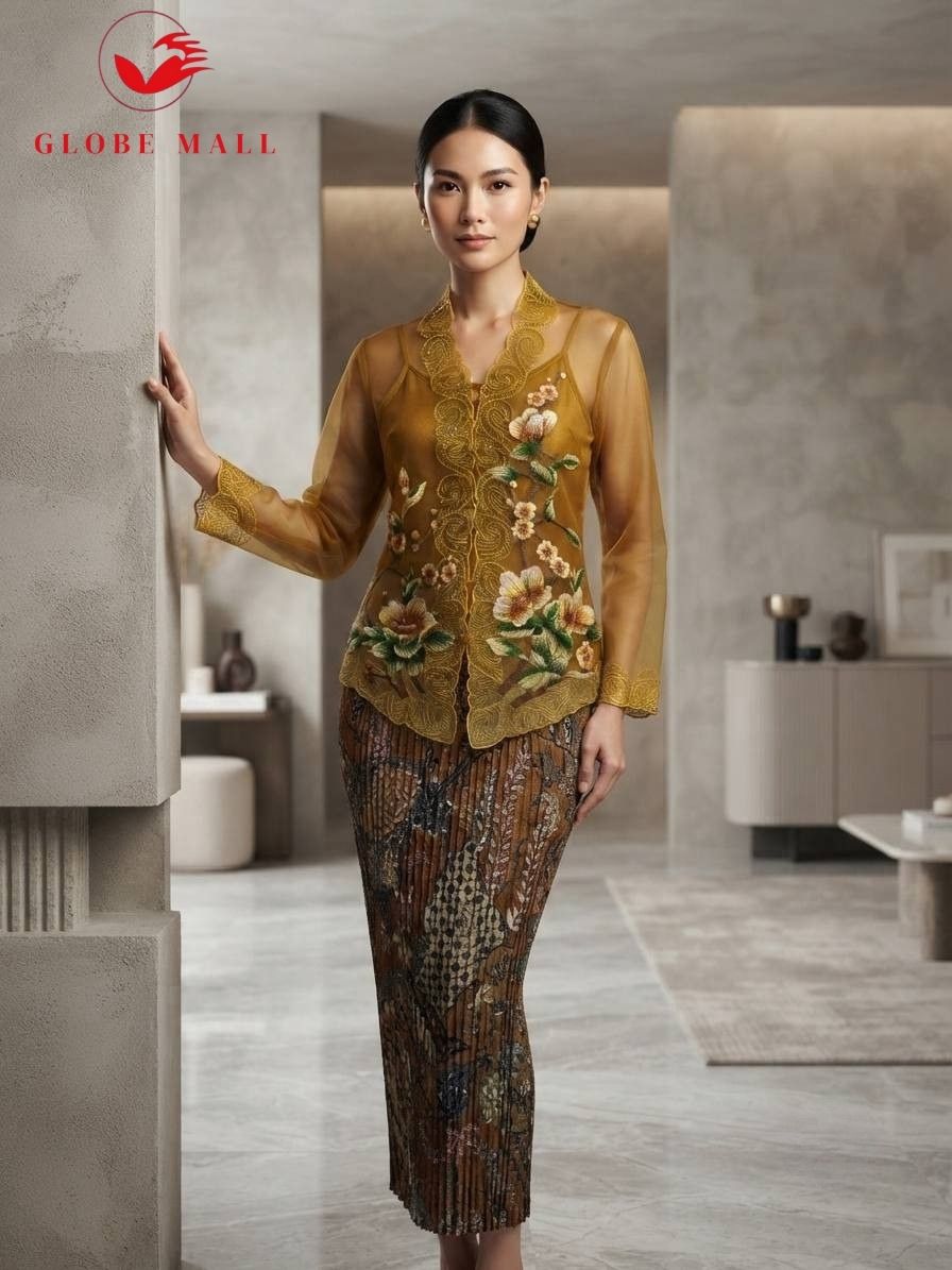 Embroidered Lace Kebaya Set with Batik Skirt