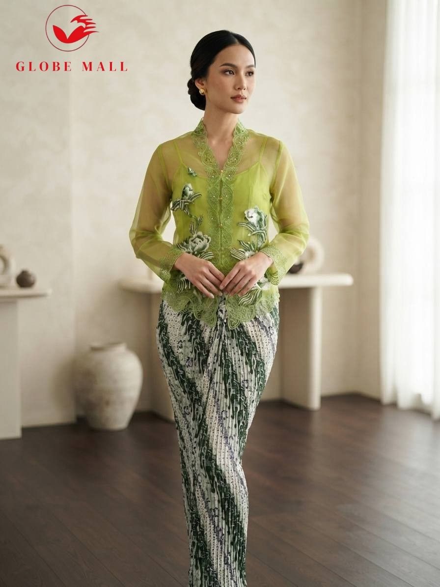 Embroidered Lace Kebaya Set with Batik Skirt