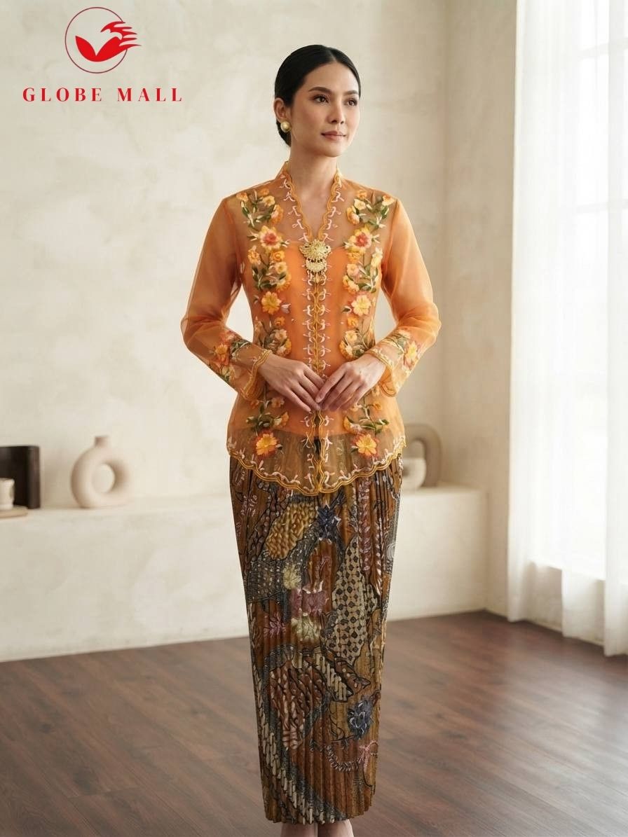 Embroidered Lace Kebaya Set with Batik Skirt