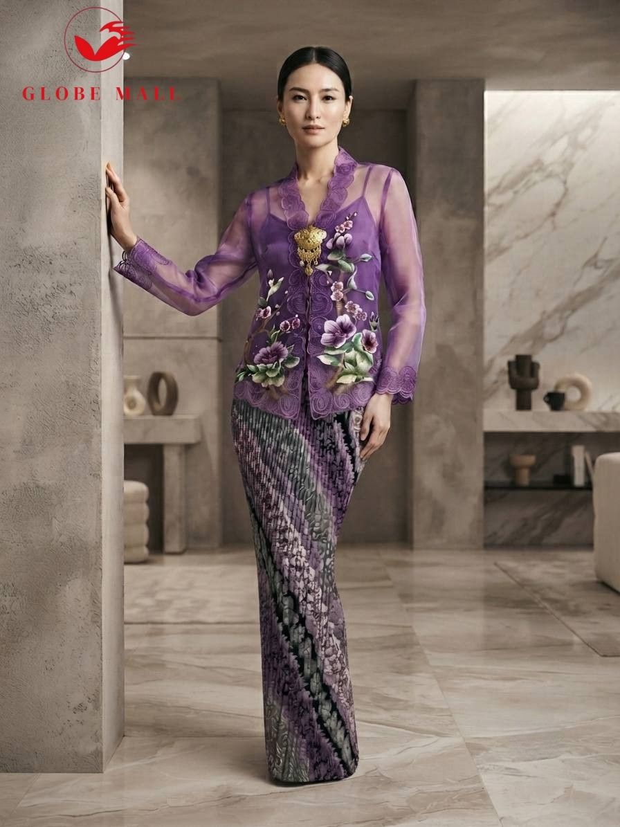 Embroidered Lace Kebaya Set with Batik Skirt