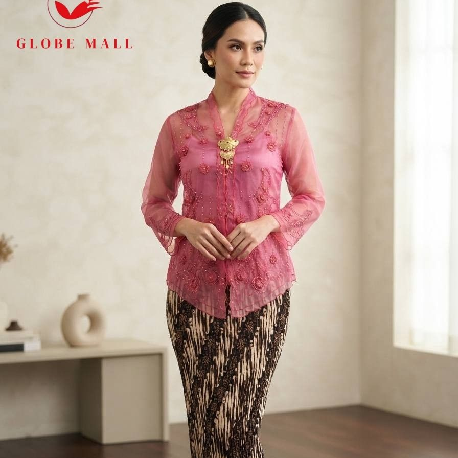 Embroidered Lace Kebaya Set with Batik Skirt