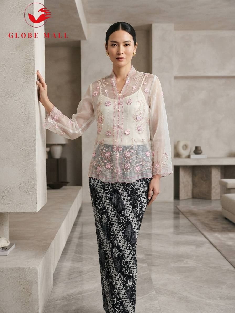 Embroidered Lace Kebaya Set with Batik Skirt