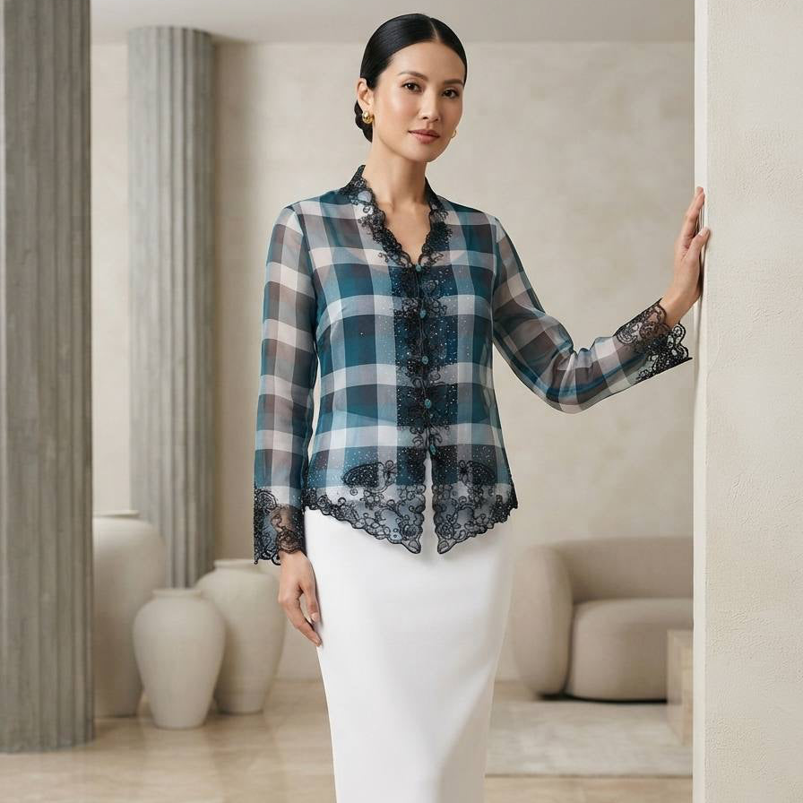 Plaid Organza Embroidered Kebaya Set