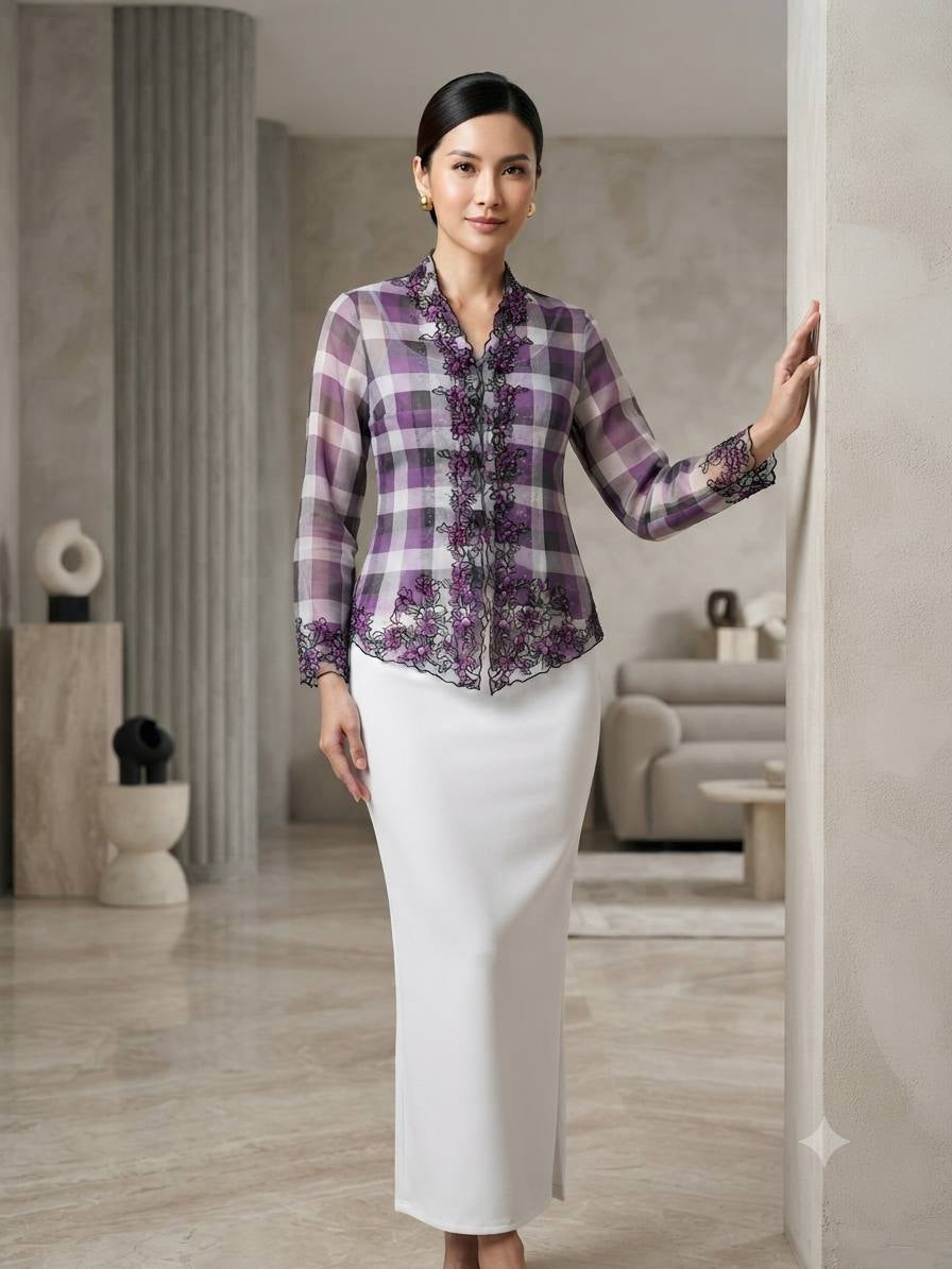 Plaid Organza Embroidered Kebaya Set