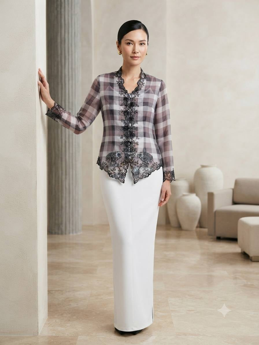 Plaid Organza Embroidered Kebaya Set
