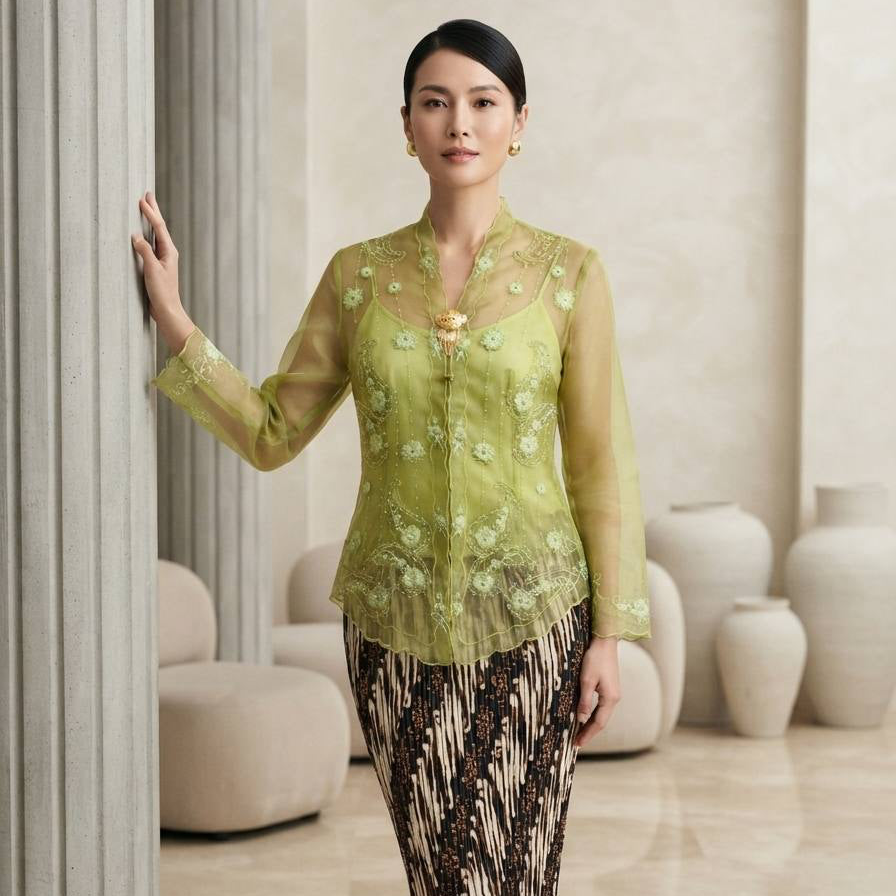Embroidered Lace Kebaya Set with Batik Skirt