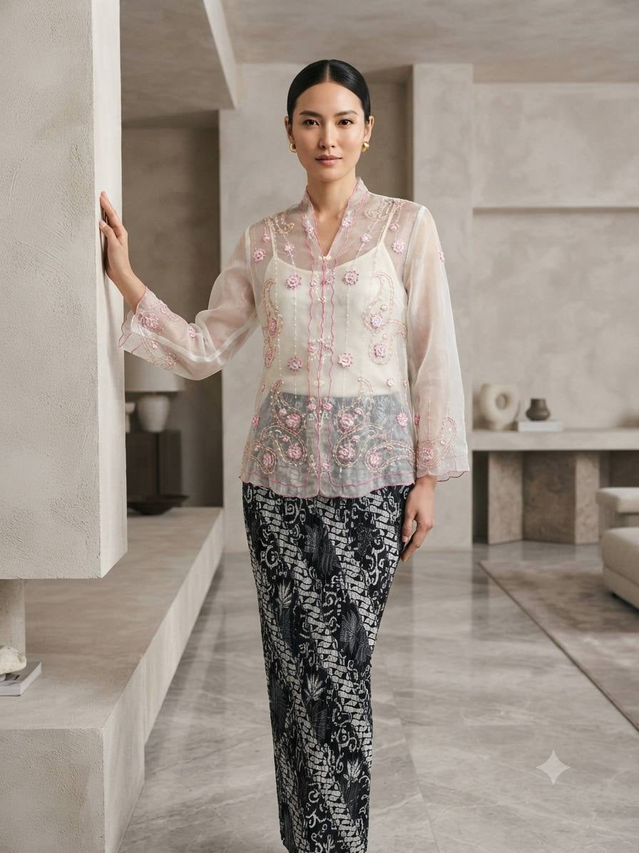 Embroidered Lace Kebaya Set with Batik Skirt