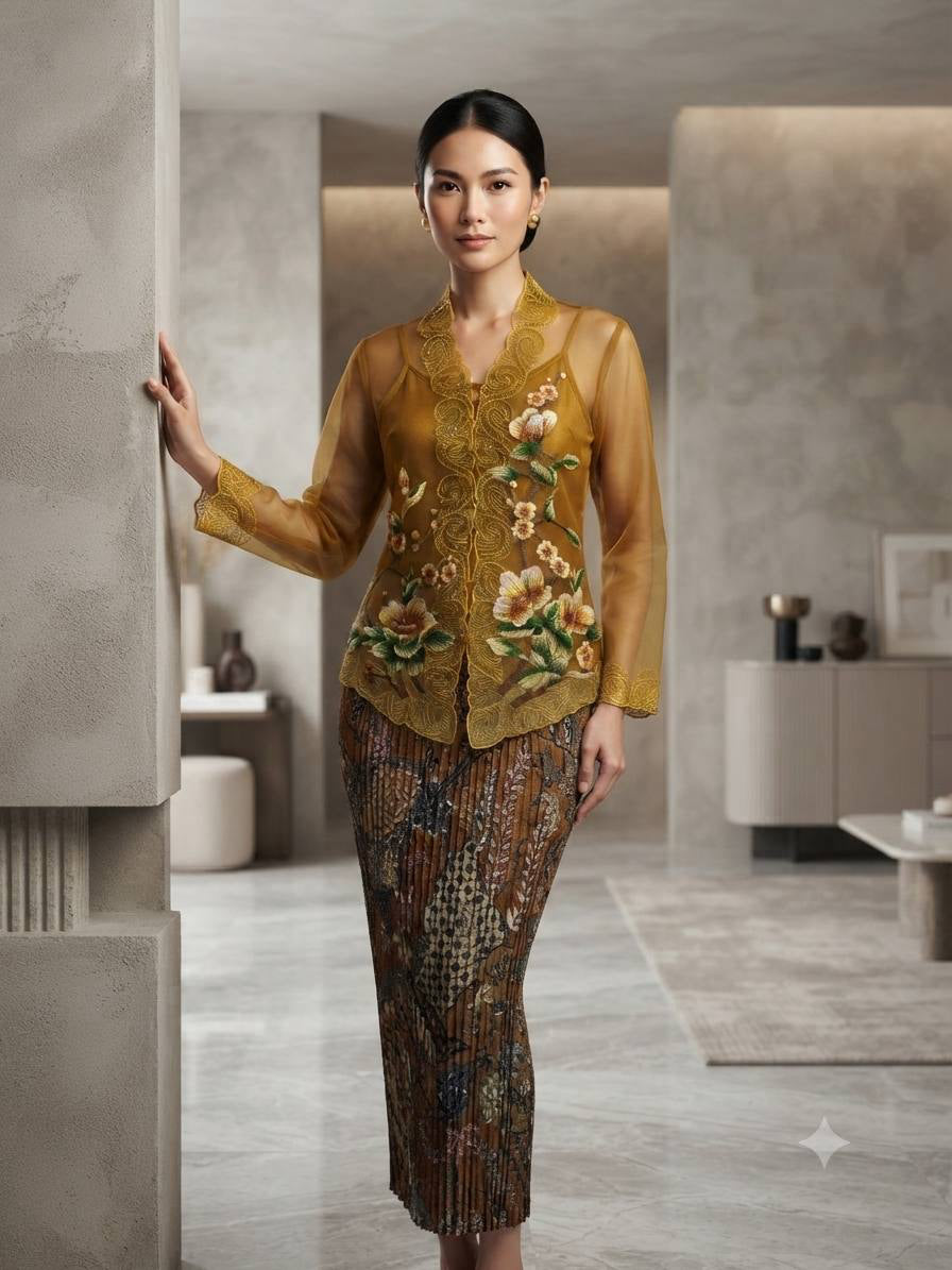 Embroidered Lace Kebaya Set with Batik Skirt