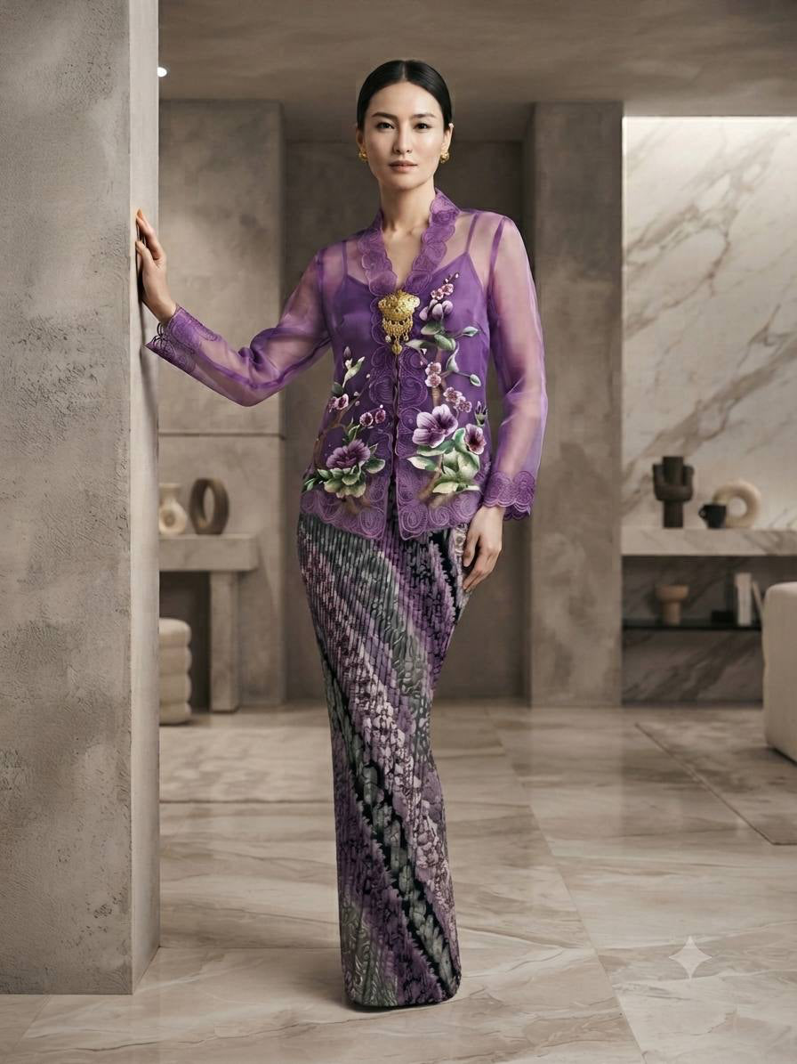 Embroidered Lace Kebaya Set with Batik Skirt