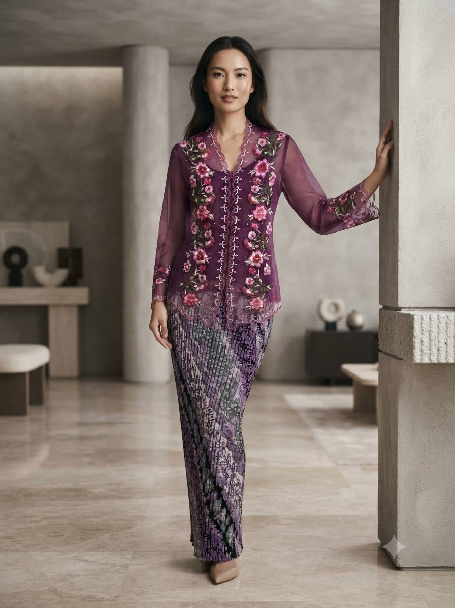 Embroidered Lace Kebaya Set with Batik Skirt