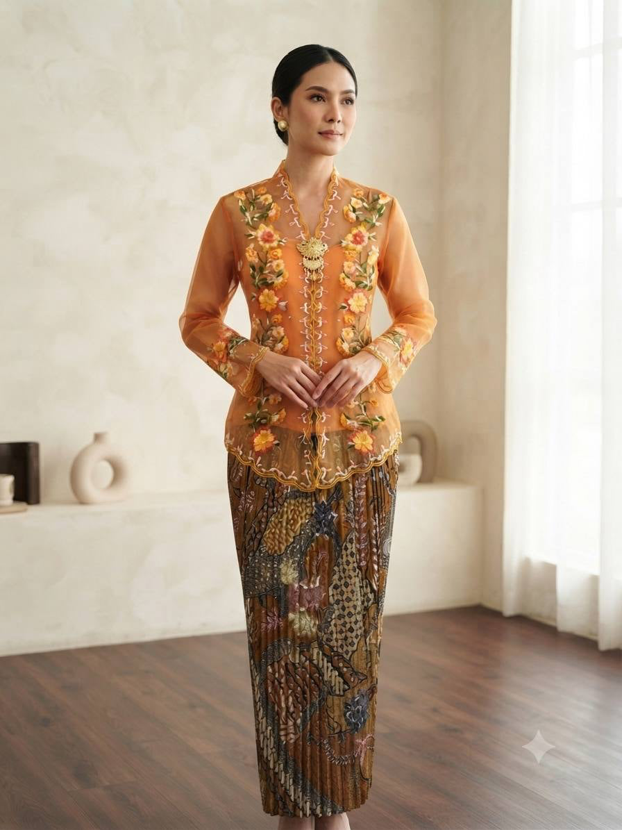 Embroidered Lace Kebaya Set with Batik Skirt