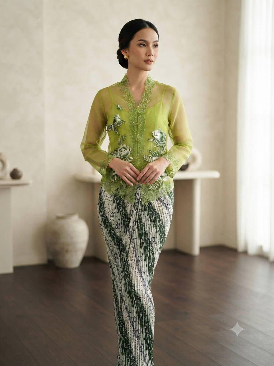 Embroidered Lace Kebaya Set with Batik Skirt