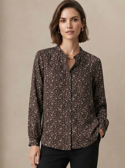Women's Ditsy Floral Print Long Sleeve Cotton Blouse