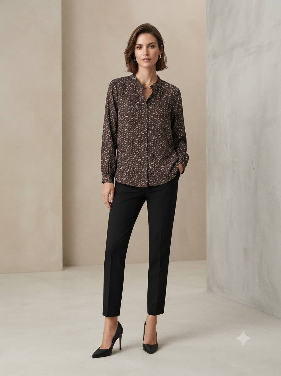 Women's Ditsy Floral Print Long Sleeve Cotton Blouse